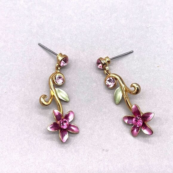 Pink Rhinestone Floral Dangle Drop Earrings Gold Tone - Picture 2 of 2